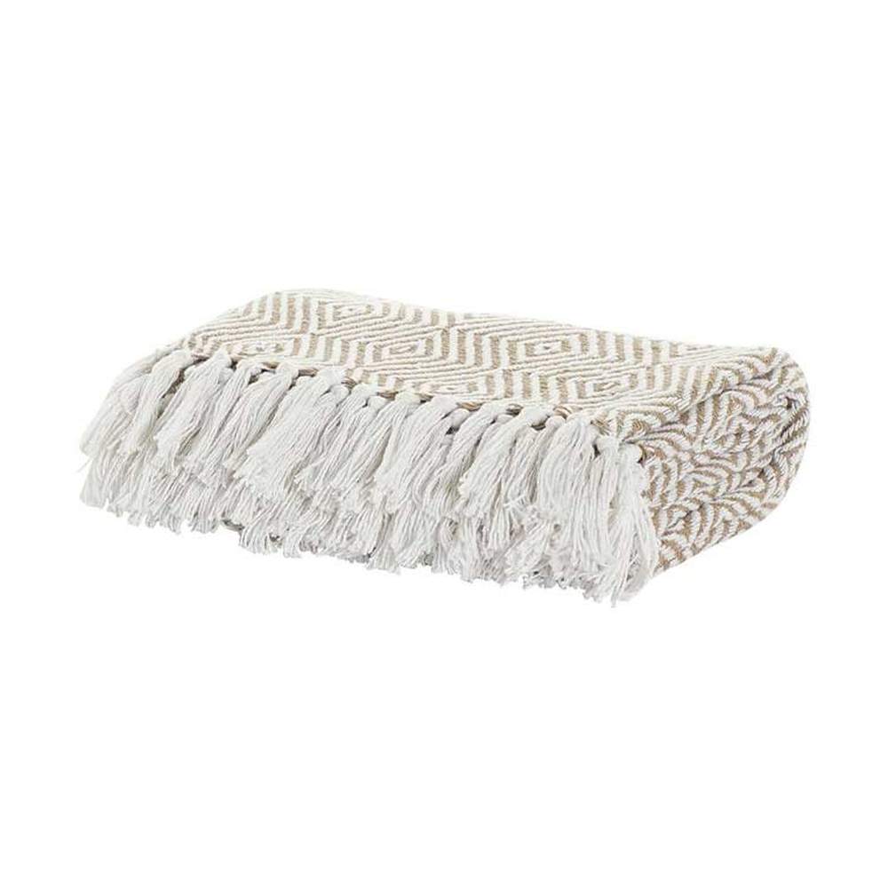 Vintage stílusú, pasztell színvilágú, rombusz mintás rojtszegélyes pamut pléd