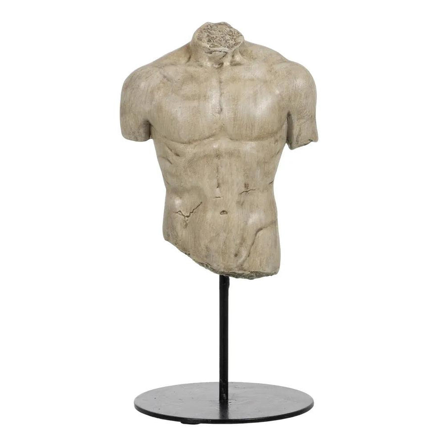 Mészkőhatású, krémszínű, 2 darabos szobor töredék, fekete fém talapzaton..