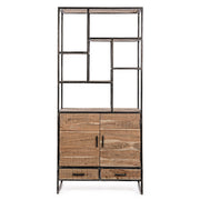 Akácfából és acélból készült display polc, 2 fiókkal és 2 ajtóval.