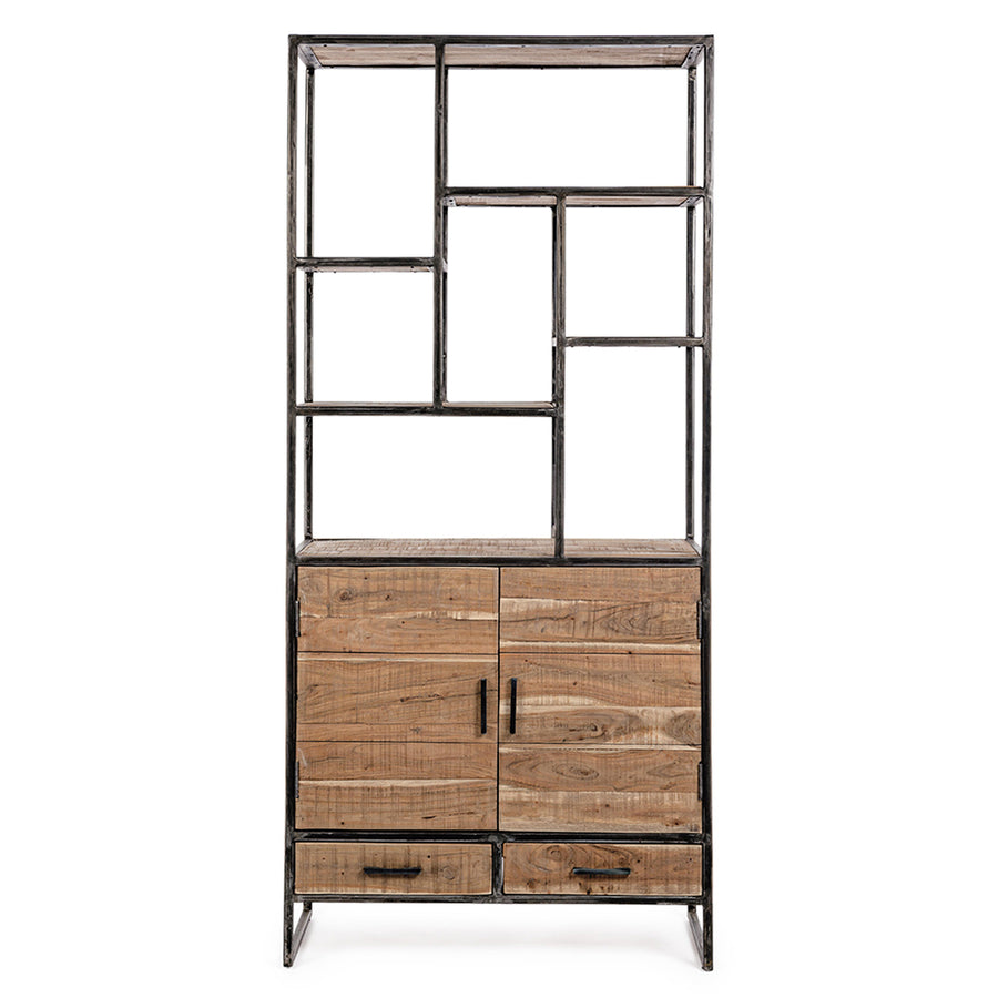 Akácfából és acélból készült display polc, 2 fiókkal és 2 ajtóval.