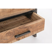 Akácfából és acélból készült display polc, 2 fiókkal és 2 ajtóval.