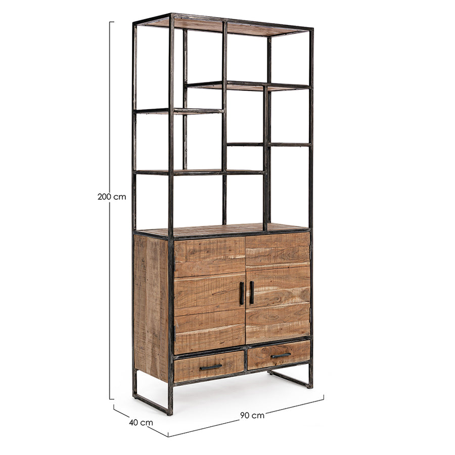 Akácfából és acélból készült display polc, 2 fiókkal és 2 ajtóval.