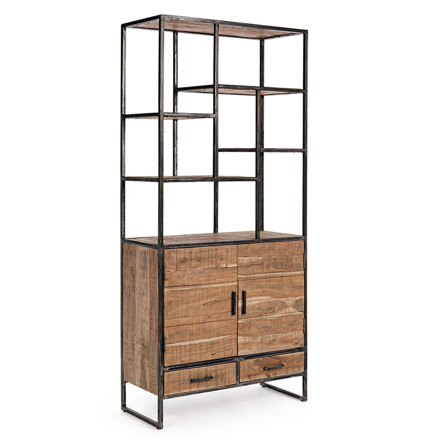 Akácfából és acélból készült display polc, 2 fiókkal és 2 ajtóval.