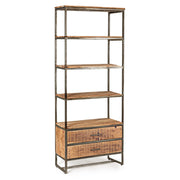 Akácfából és acélból készült könyvespolc, 2 fiókkal és 4 polccal.