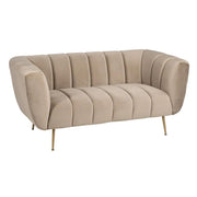 Pezsgőszínű bársonnyal kárpitozott, 2 személyes kanapé.