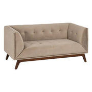 Pezsgőszínű bársonnyal kárpitozott, 2 személyes kanapé.