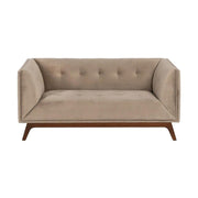 Pezsgőszínű bársonnyal kárpitozott, 2 személyes kanapé.