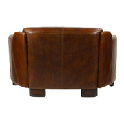 Dohánybarna, antikolt bőrrel kárpitozott kétszemélyes kanapé hátsó nézetből.