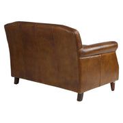 A Normandie kétszemélyes bőrkanapé hátulnézete, sima, dohánybarna bőrfelülettel és ívelt sziluettel.