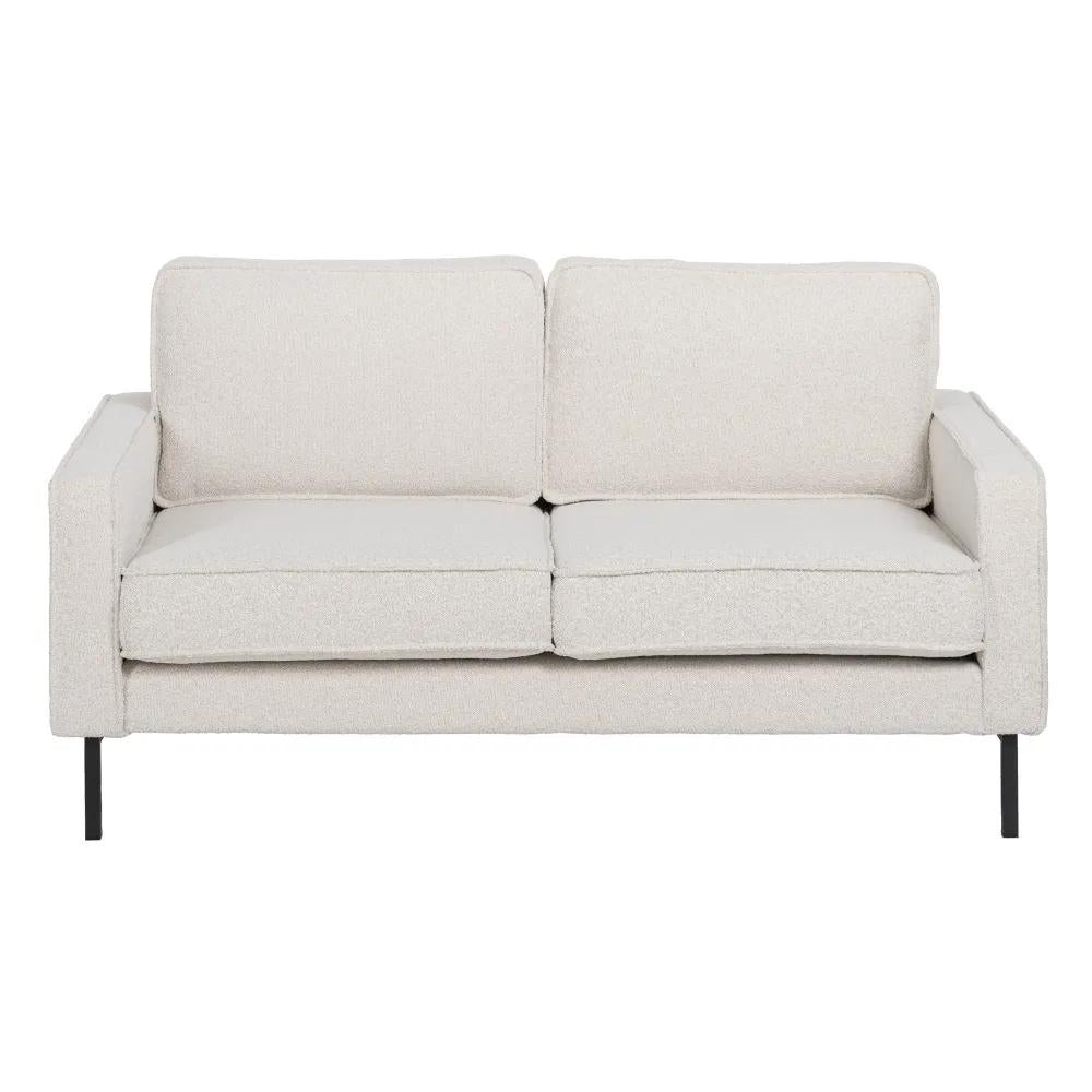 Fehér színű szövettel kárpitozott, 2 személyes kanapé.