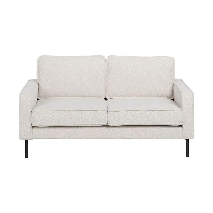 Fehér színű szövettel kárpitozott, 2 személyes kanapé.