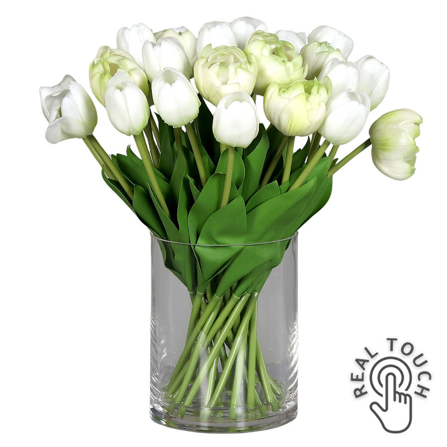 Mű tulipán csokor, henger formájú üvegvázában.