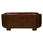 Hátsó nézet egy 3 személyes vintage bőrkanapéról, dohánybarna valódi bőr kárpitozással