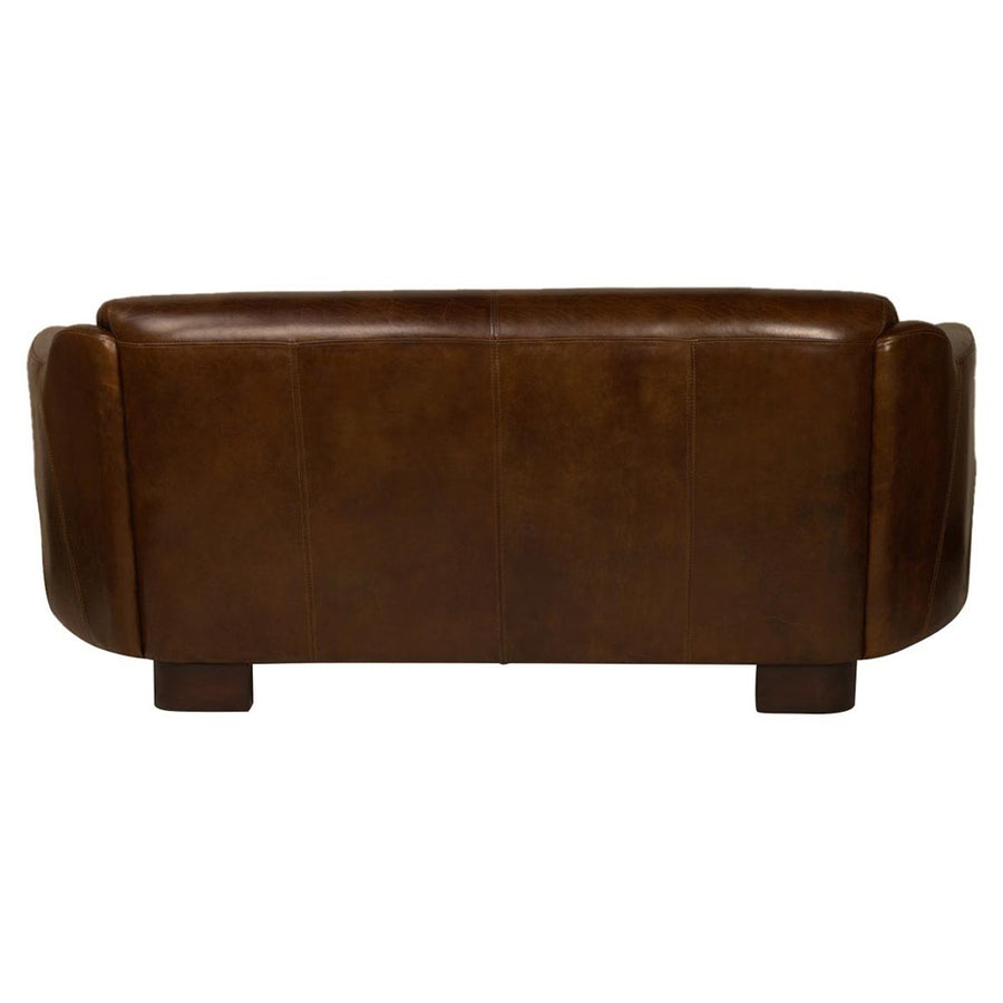 Hátsó nézet egy 3 személyes vintage bőrkanapéról, dohánybarna valódi bőr kárpitozással