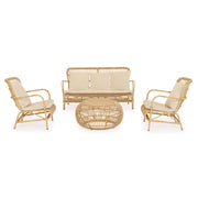 Natúr színű, 3 személyes műrattan kanapé, párnákkal.