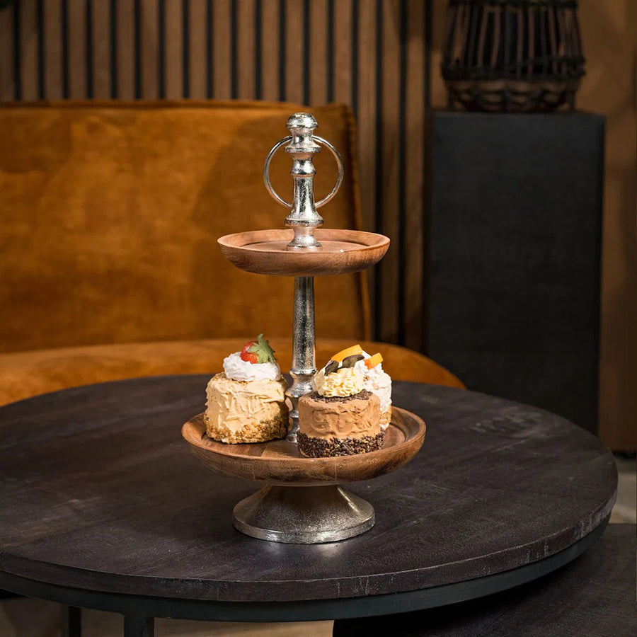 Mangófából és alumíniumból készült, 2 szintes kínálóállvány.