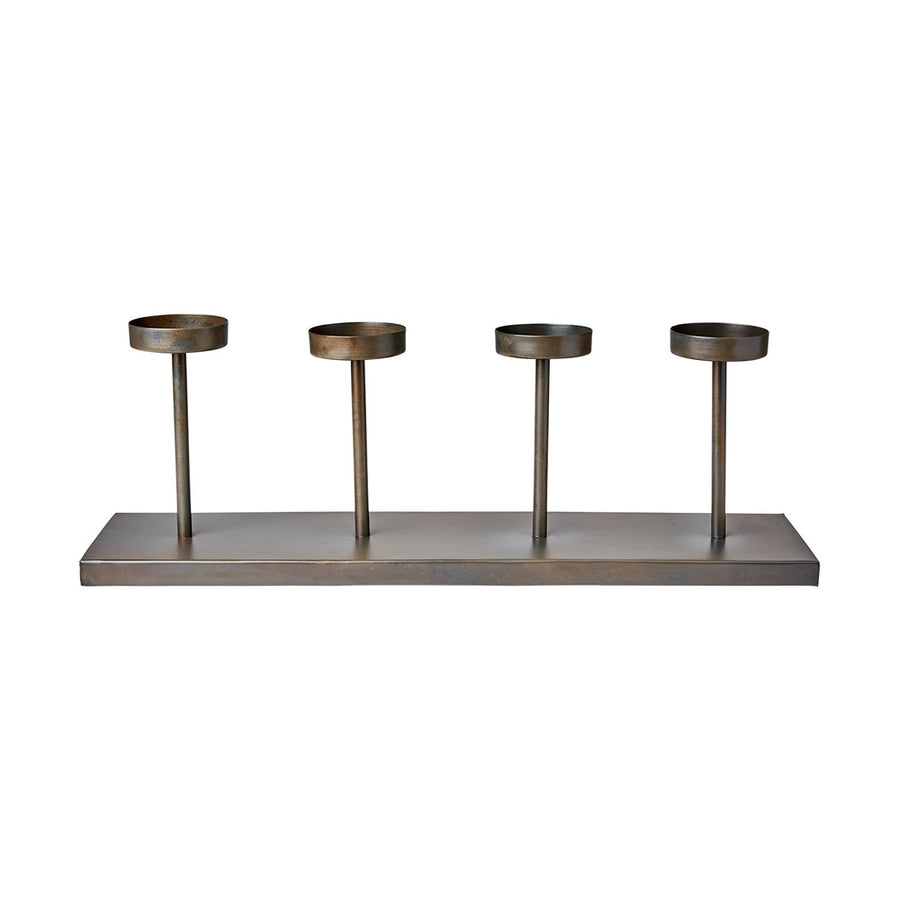 Feketés bronzos színű fémből készült, 4 ágú gyertyatartó.