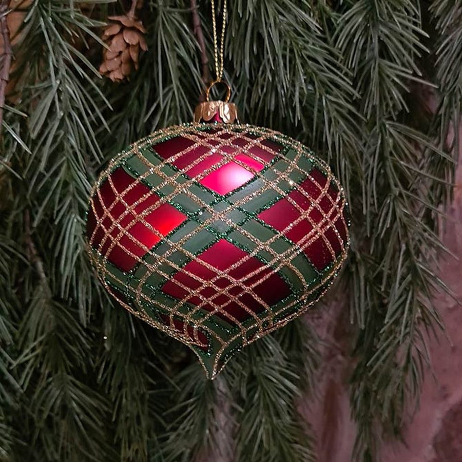 Skót kockás mintázatú, üveg karácsonyfadísz szett.