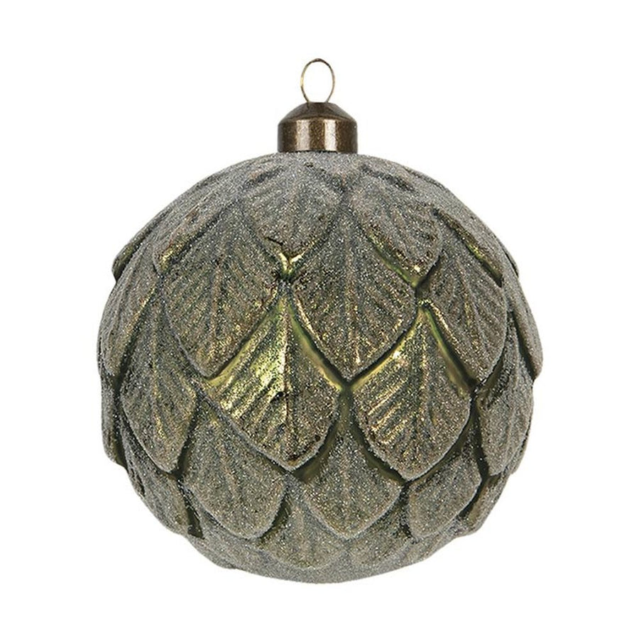 Tobozformájú, deres felületű, zöldarany színű üveg karácsonyfadísz szett.