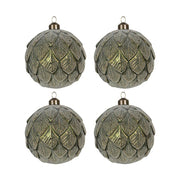 Tobozformájú, deres felületű, zöldarany színű üveg karácsonyfadísz szett.