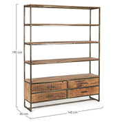 Akácfából és acélból készült könyvespolc, 4 fiókkal és 4 polccal.