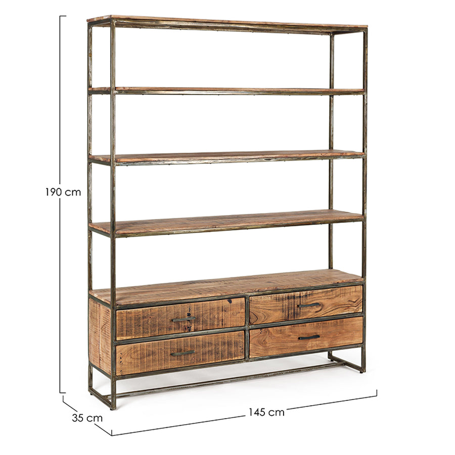 Akácfából és acélból készült könyvespolc, 4 fiókkal és 4 polccal.