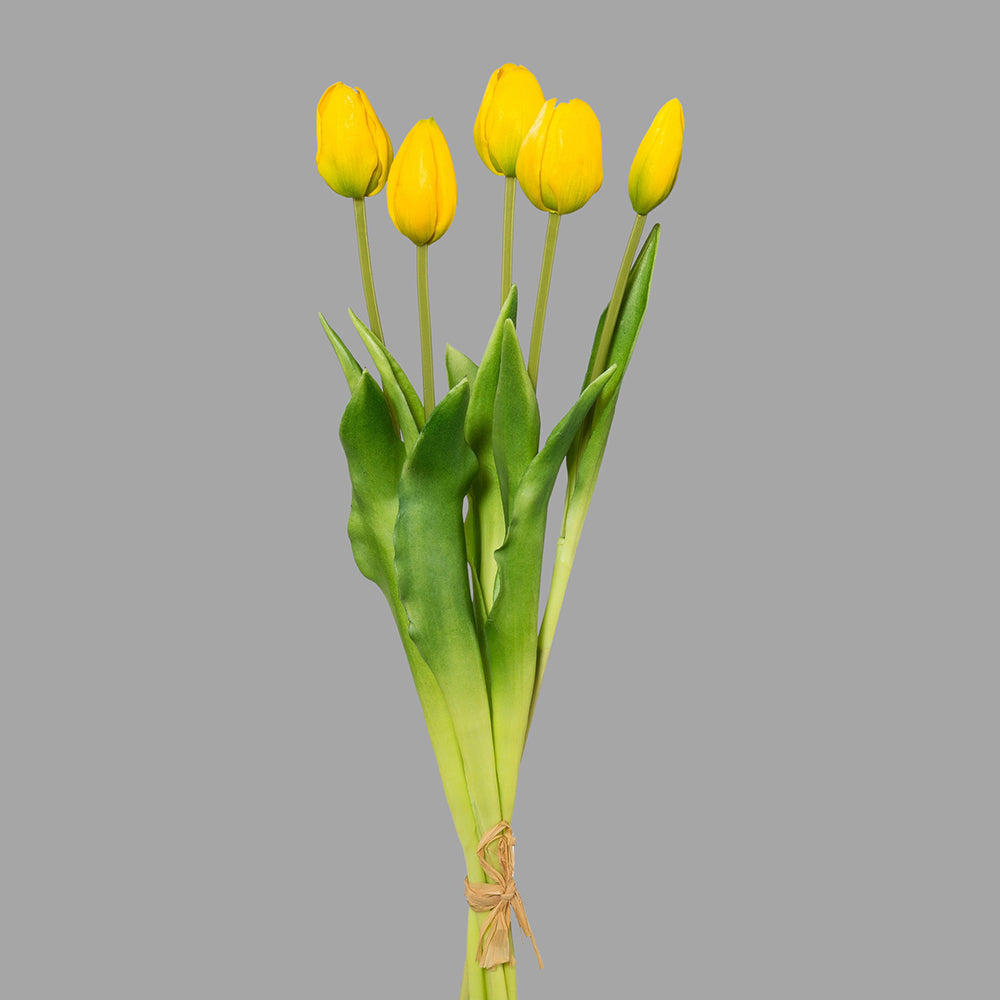 5 bimbós szálból álló, sárga színű mű tulipáncsokor.