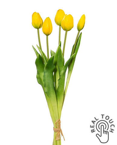  5 bimbós szálból álló, sárga színű mű tulipáncsokor.