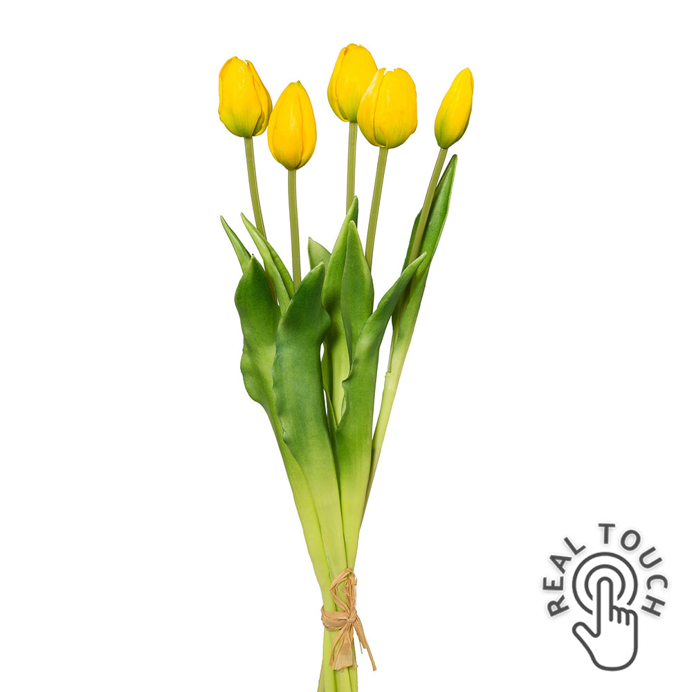 5 bimbós szálból álló, sárga színű mű tulipáncsokor.