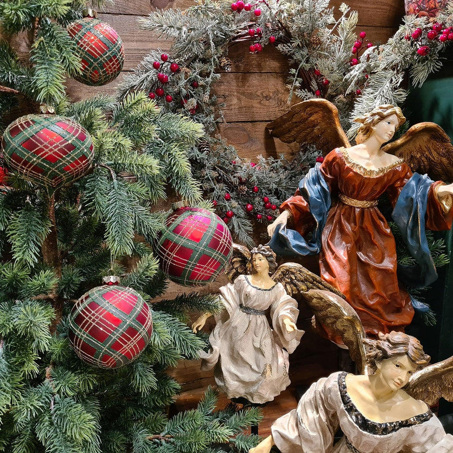 Skót kockás mintázatú, üveg karácsonyfadísz szett.