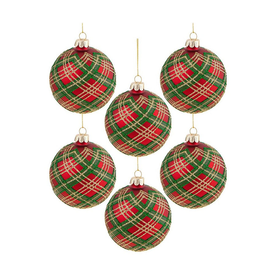 Skót kockás mintázatú, üveg karácsonyfadísz szett.