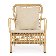 Mediterrán stílusú, natúr, bambuszhatású alumíniumból készült, kerti fotel olefin párnákkal