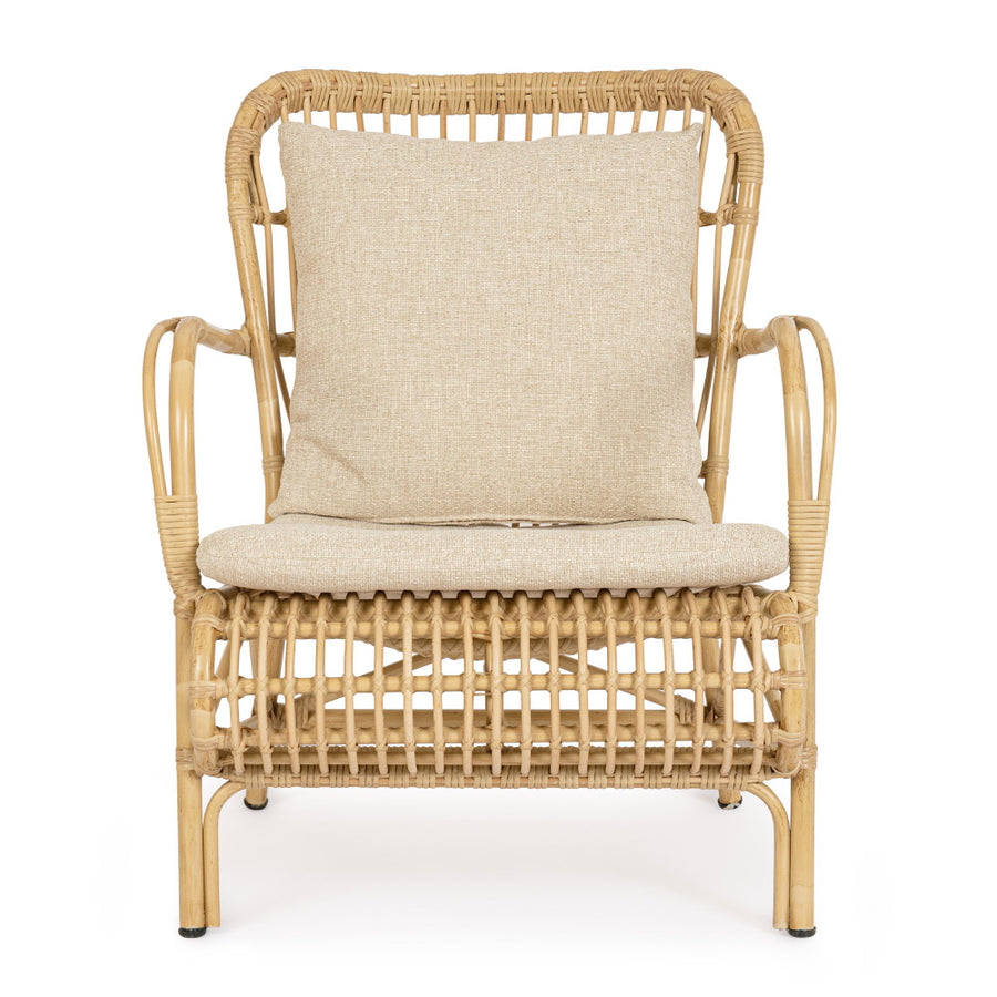 Mediterrán stílusú, natúr, bambuszhatású alumíniumból készült, kerti fotel olefin párnákkal