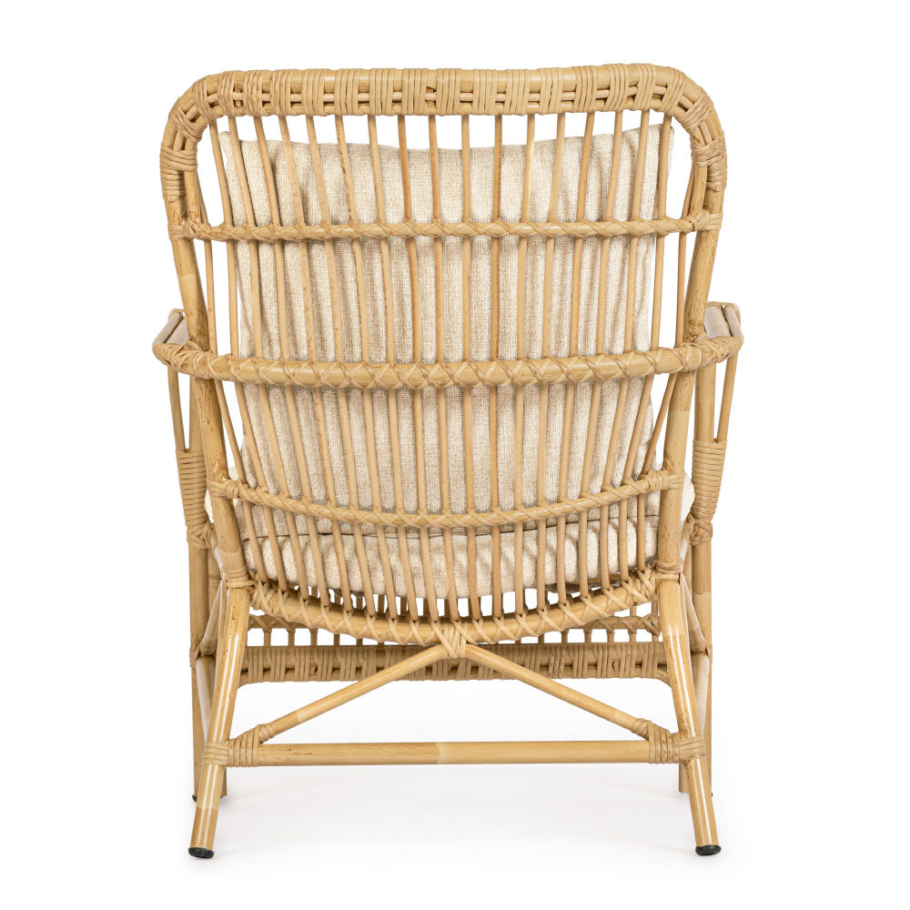 Mediterrán stílusú, natúr, bambuszhatású alumíniumból készült, kerti fotel olefin párnákkal