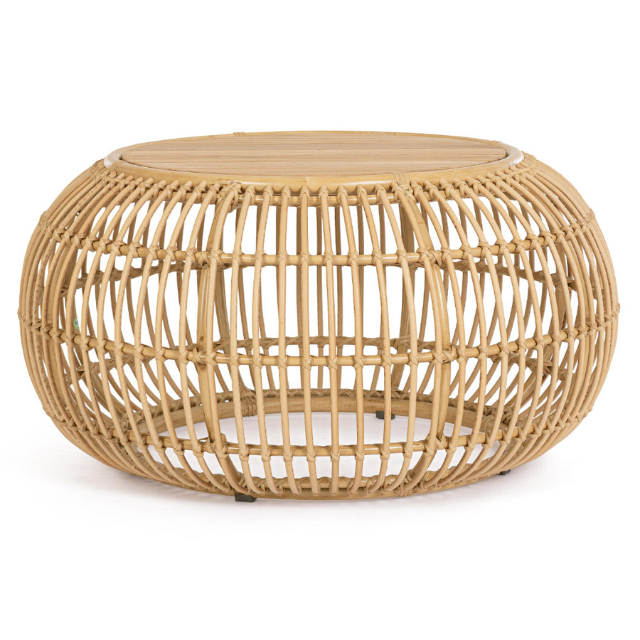 Mediterrán, natúr színű, bambuszhatású alumíniumból készült, kerti dohányzóasztal teakfa fedlappal