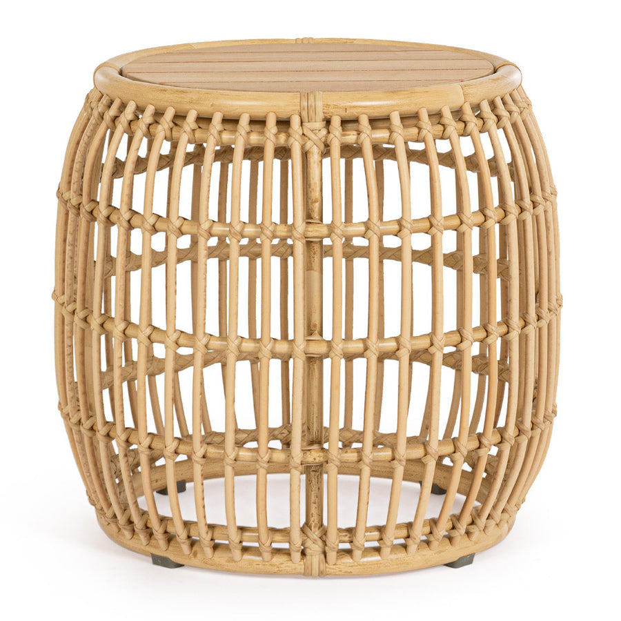 Mediterrán, natúr színű, bambuszhatású alumíniumból készült, kerti dohányzóasztal teakfa fedlappal