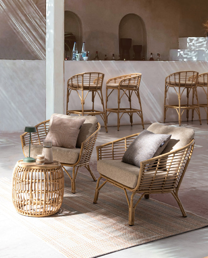 Mediterrán, natúr színű, bambuszhatású alumíniumból készült, kerti fotel olefin párnákkal