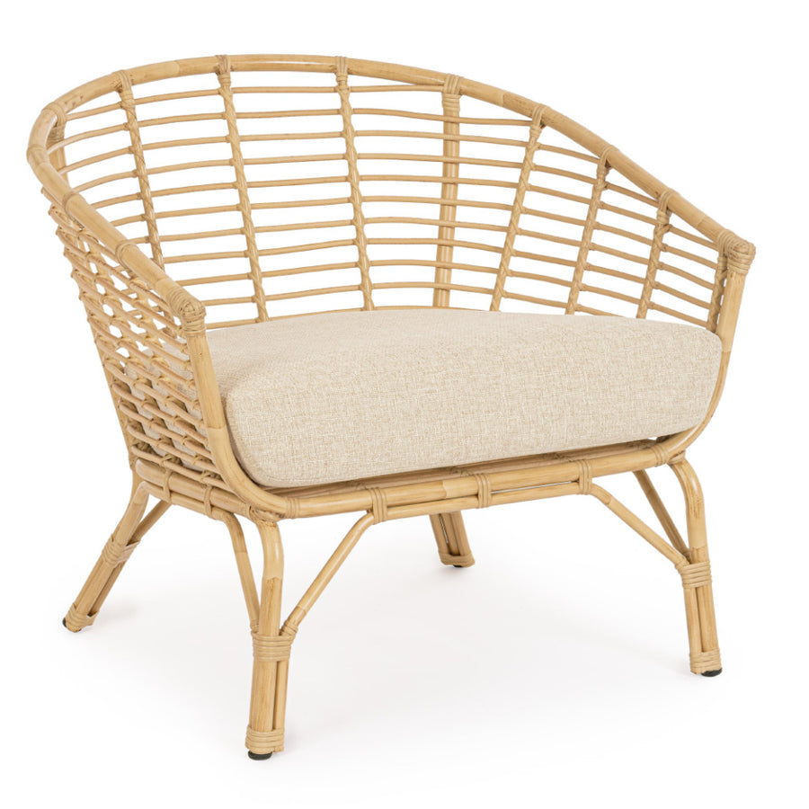 Mediterrán, natúr színű, bambuszhatású alumíniumból készült, kerti fotel olefin párnákkal