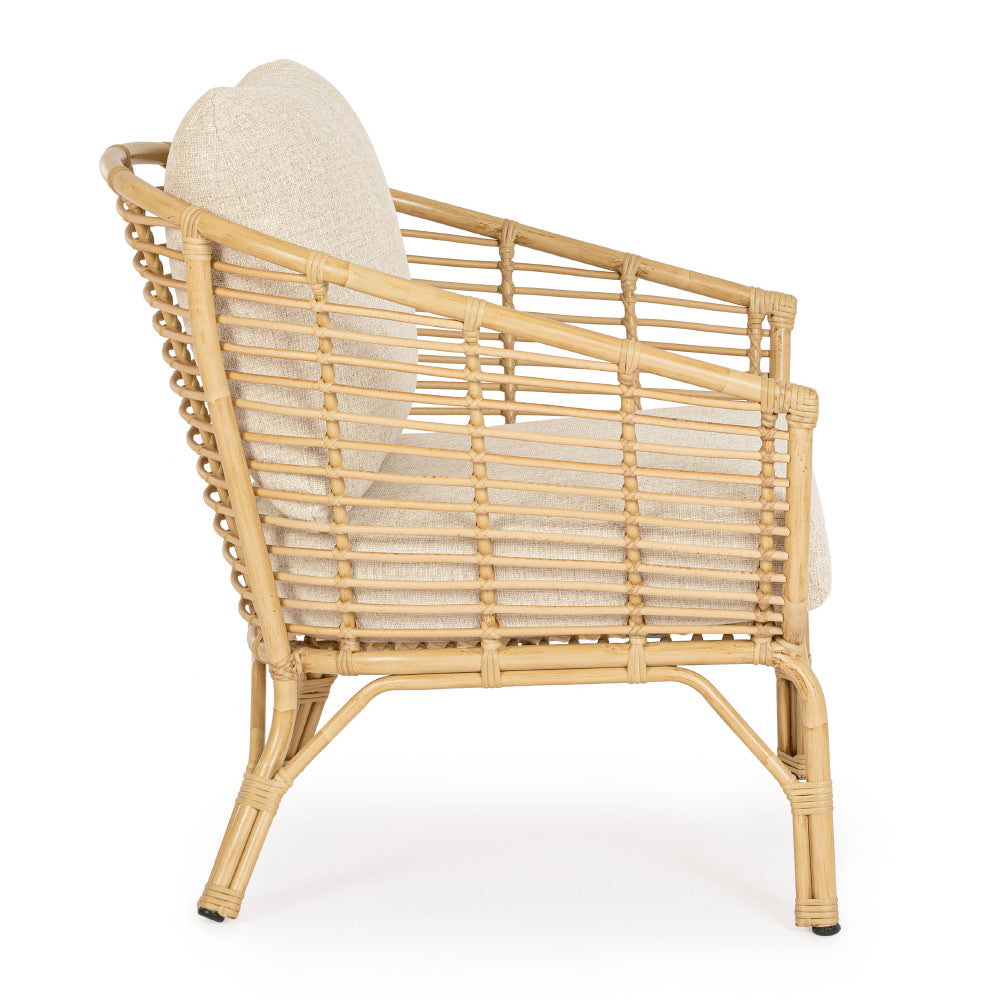 Mediterrán, natúr színű, bambuszhatású alumíniumból készült, kerti fotel olefin párnákkal