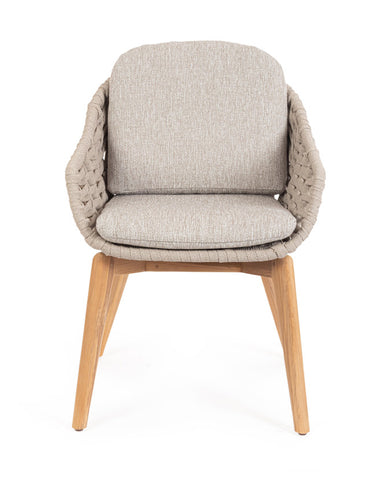 Kortárs stílusú, bézs színű, design kerti szék natúr színű teakfa lábakkal