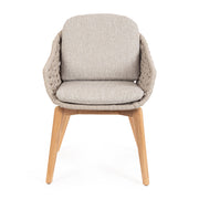 Kortárs stílusú, bézs színű, design kerti szék natúr színű teakfa lábakkal