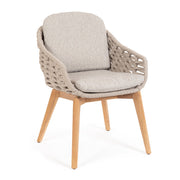 Kortárs stílusú, bézs színű, design kerti szék natúr színű teakfa lábakkal