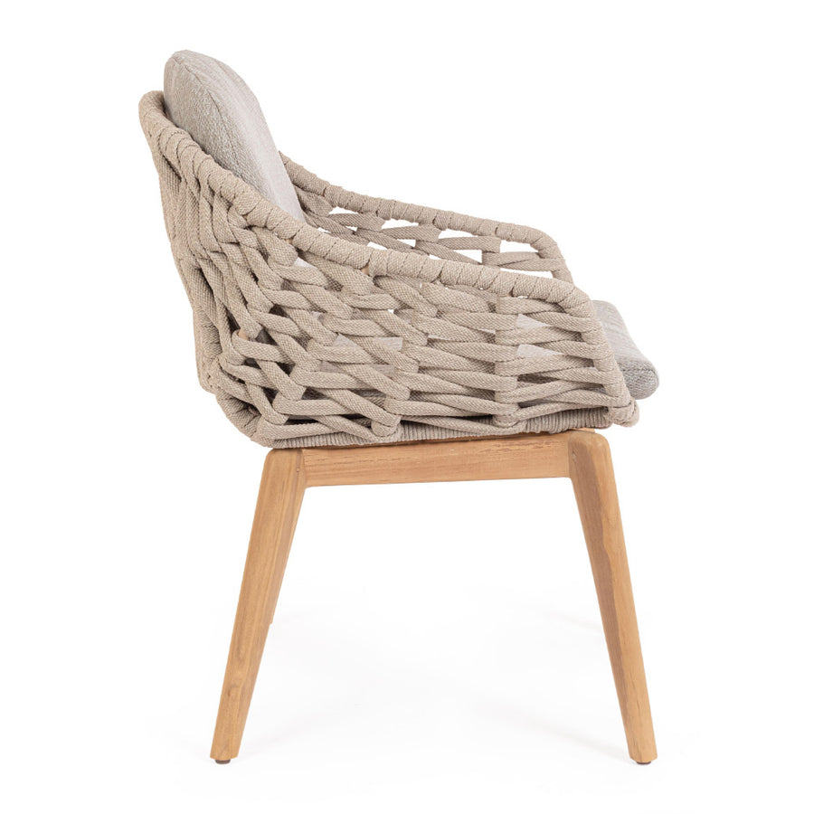 Kortárs stílusú, bézs színű, design kerti szék natúr színű teakfa lábakkal