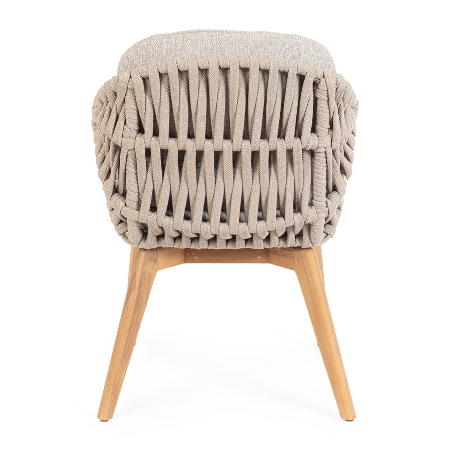 Kortárs stílusú, bézs színű, design kerti szék natúr színű teakfa lábakkal