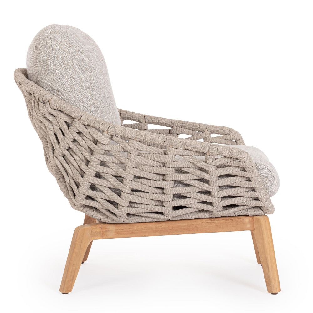 Kortárs stílusú, bézs színű, design kerti fotel natúr színű teakfa lábakkal