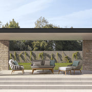 Kétszemélyes, bézs színű, design kerti kanapé natúr színű teakfa lábakkal