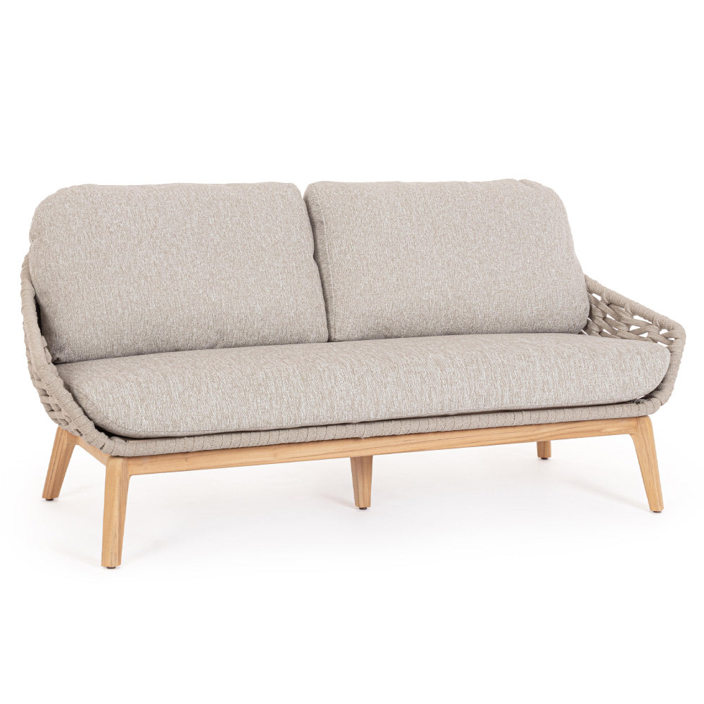 Kétszemélyes, bézs színű, design kerti kanapé natúr színű teakfa lábakkal