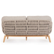 Kétszemélyes, bézs színű, design kerti kanapé natúr színű teakfa lábakkal
