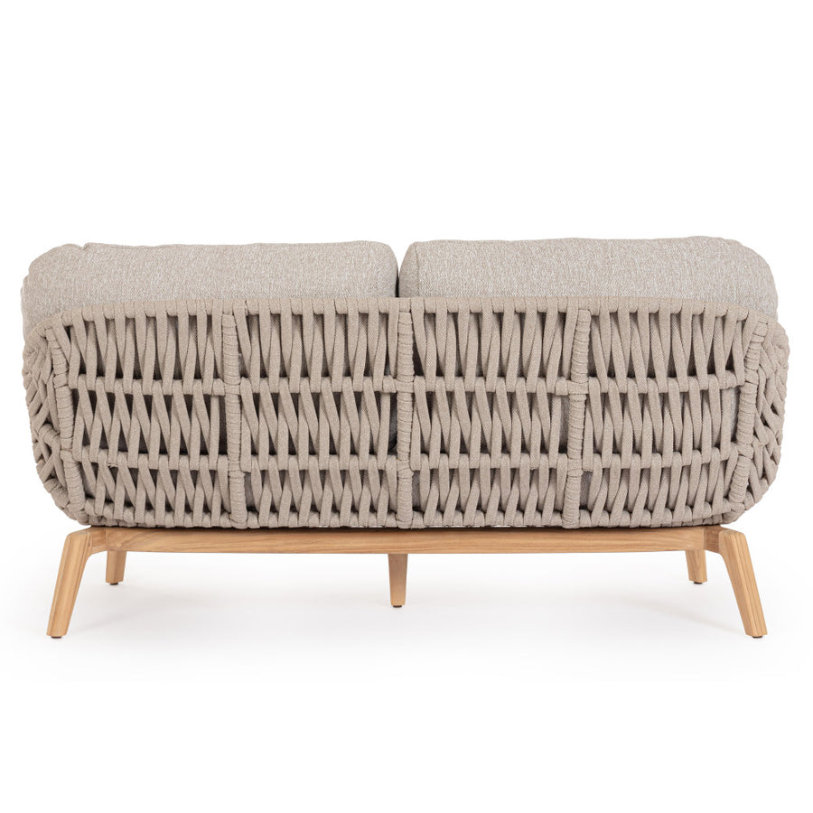 Kétszemélyes, bézs színű, design kerti kanapé natúr színű teakfa lábakkal