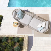 Kétszemélyes, bézs színű, design kerti pihenőágy natúr színű teakfa lábakkal